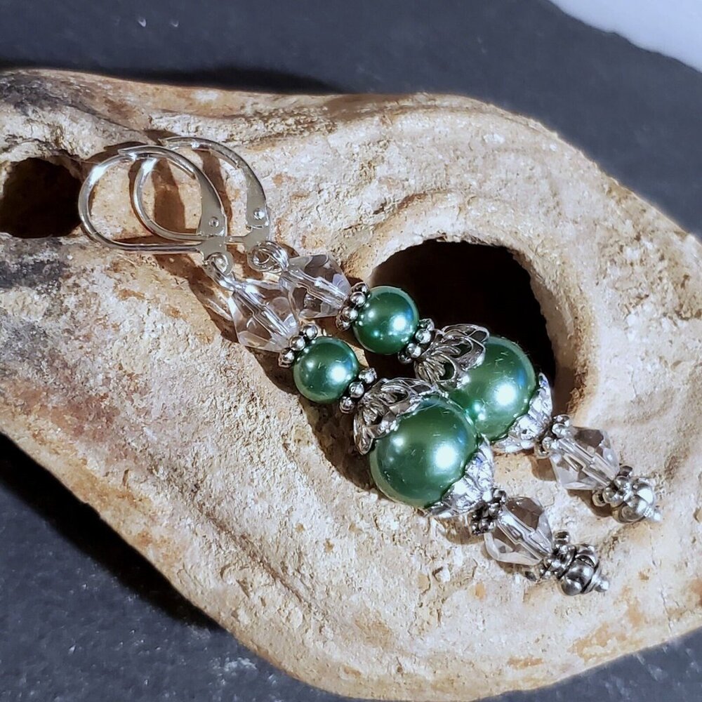 Green Glass Pearl Sterling Silver Plated Handcrafted Dangle Earrings 29$